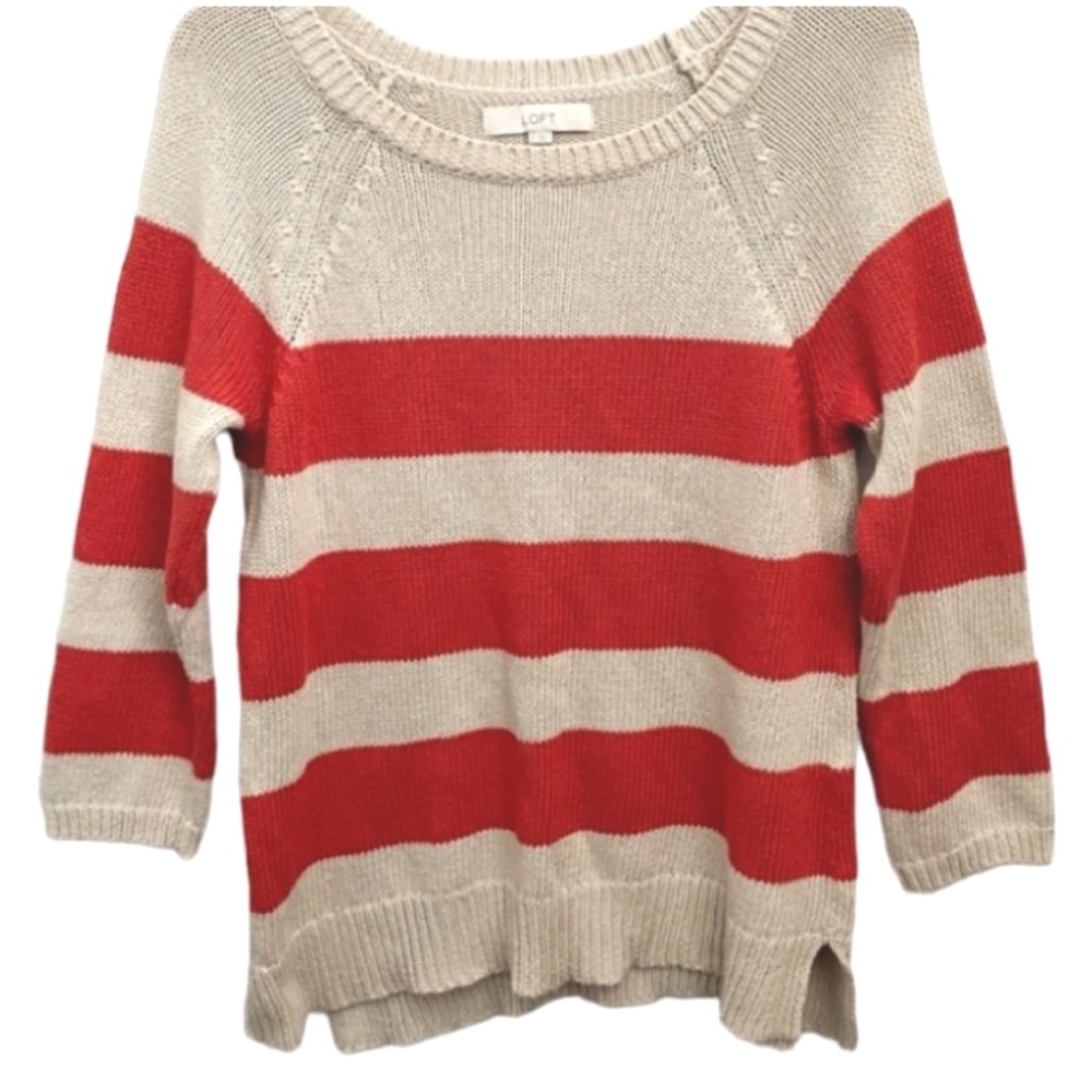 LOFT Tan & Orange Striped Soft Knit Pullover Crewneck Sweater NWOT